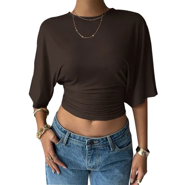 Women's Solid Color Cropped Mid sleeve T shirt Short Fitted Top Dark Brown - Shop at LoveMi