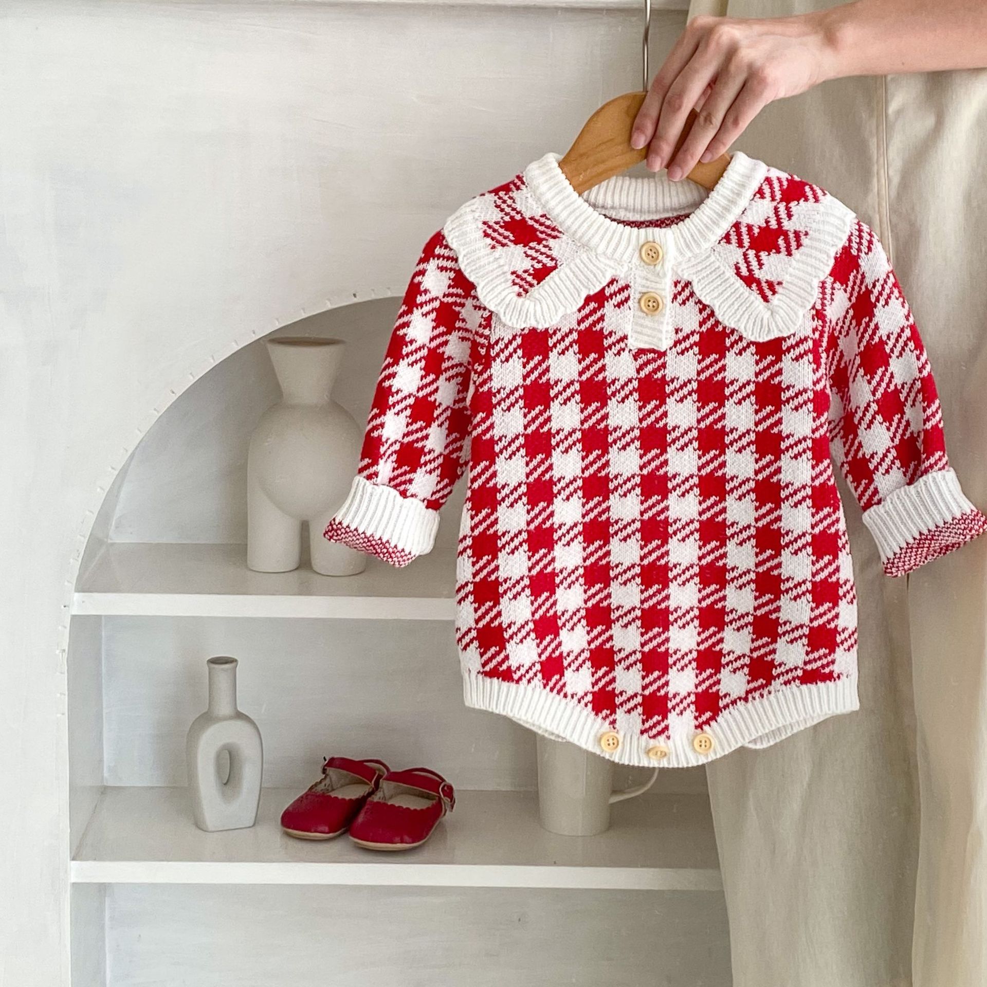 Title 14, Autumn Baby Girl Red Houndstooth Cotton Yarn Kn...