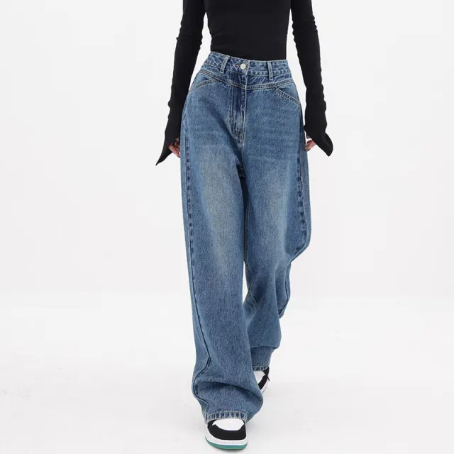 Women's Autumn New Design Niche Loose Wide Leg Leisure Jeans Blue - Shop at LoveMi