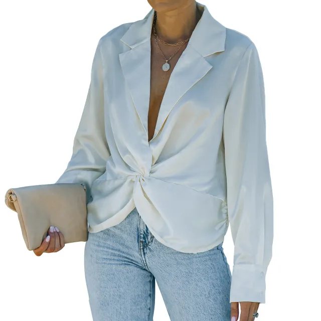 Solid Color Shirt Lapel Twist Long Sleeve V neck Low cut Top For Women White - Shop at LoveMi