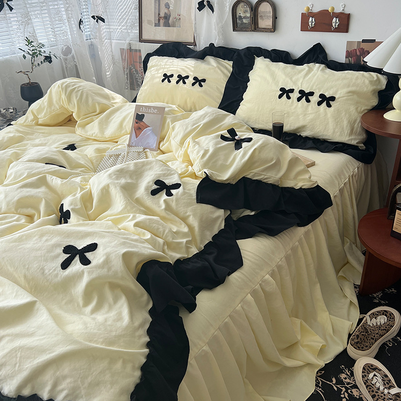 Cream Ins Girl Bow Lace Washed Cotton Four-piece Set