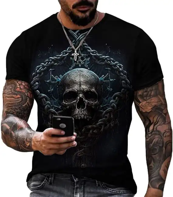 Printed Men's Short Sleeve Skull Head Round Neck T-shirt Hot Selling Short Sleeve