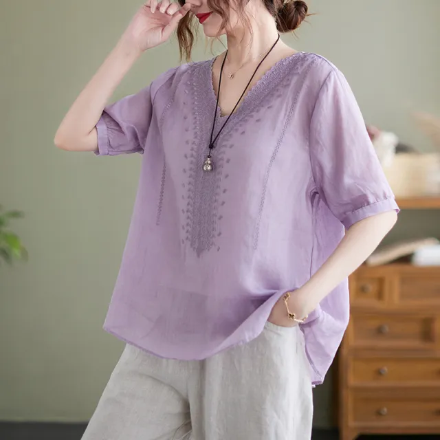Women's Fashion Artistic Retro Embroidery Short sleeved Cotton And Linen Top Purple - Shop at LoveMi
