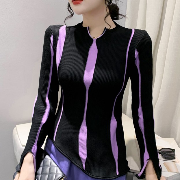Internet celebrity style striped purple sweater for women, with slanted irregular hem and ribbed knit, European fashion stylish and vibrant gradient