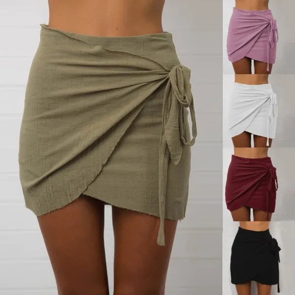 Lace-up Bandage Solid-color Wrap Asymmetrical Skirt