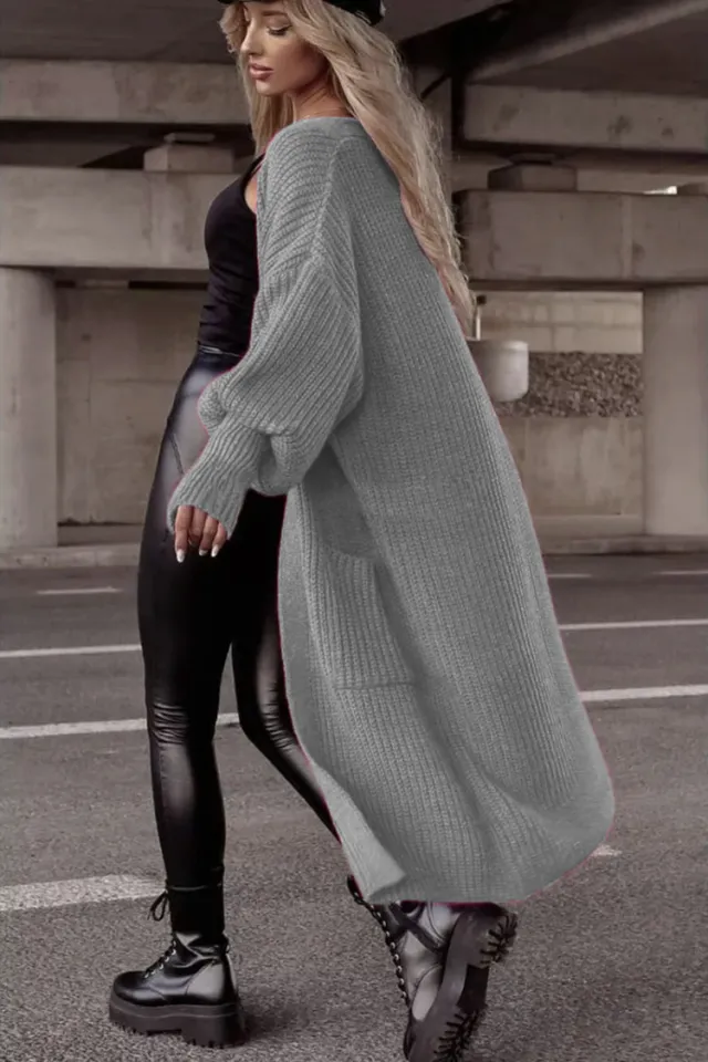 Loose Knitted Cardigan Pocket Long Lantern Sleeve Sweater Light Gray - Shop at LoveMi