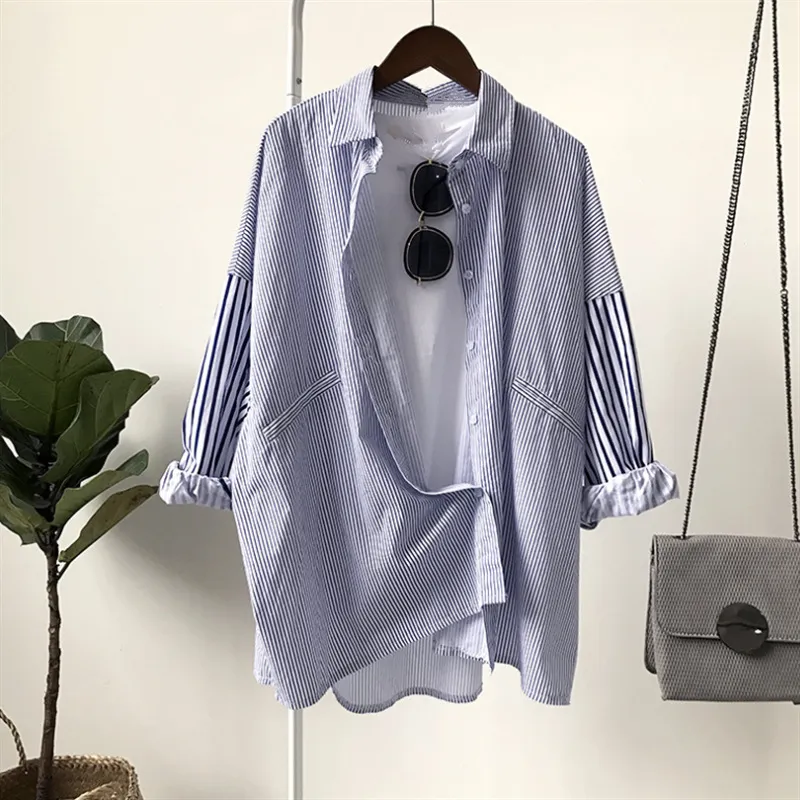 Womens Relaxed-fit Versatile Striped Blouse - Blue