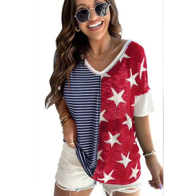 New Patchwork Striped XINGX Printed Short Sleeve Women Mq 033 Blue - Shop at LoveMi