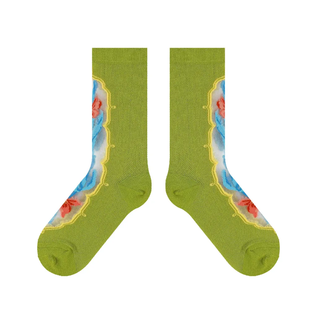 Retro Fashion Patterned Stockings Thin - Green Iris Tectorum