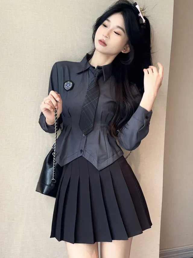 Jk Waist Trimming Shirt Women's Long sleeved Pleated Skirt Uniform Suit Gray Long Pajama Set - Shop at LoveMi