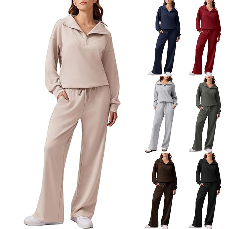 Womens Casual Two-piece Set Long-sleeve Lapel Top And Wide-leg Pants