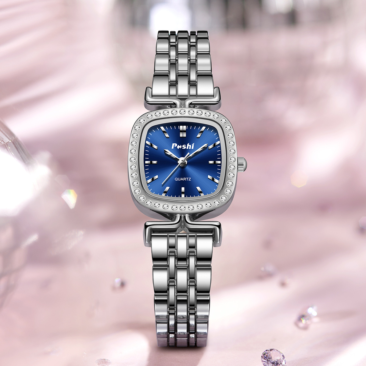 Diamond-encrusted Dial Oval-shaped Steel Bracelet Quartz Womens Watch 5