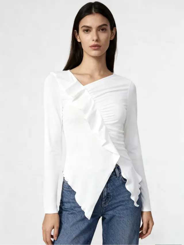 Pleated Ruffled Edge Square Neck Long Sleeve Base Shirt White - Shop at LoveMi