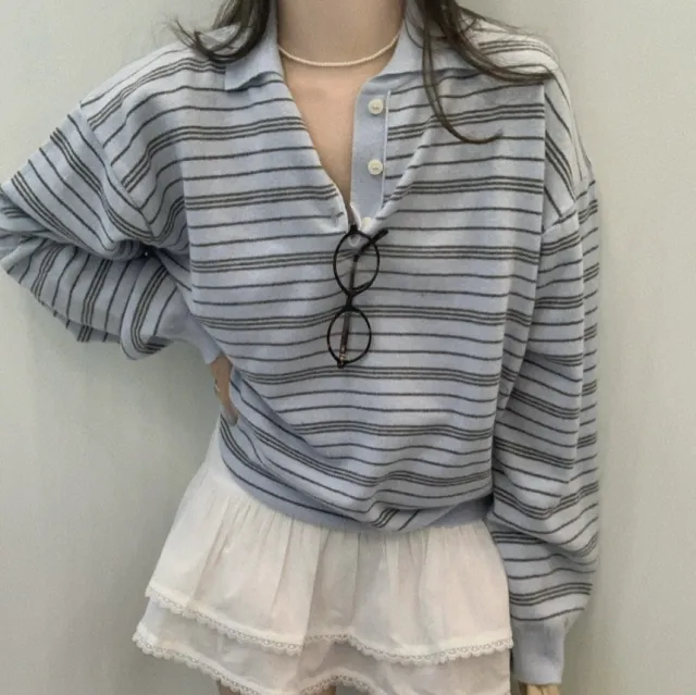 Blue Striped Sweater Women's Loose Long Sleeve Polo Collar Top Blue - Shop at LoveMi