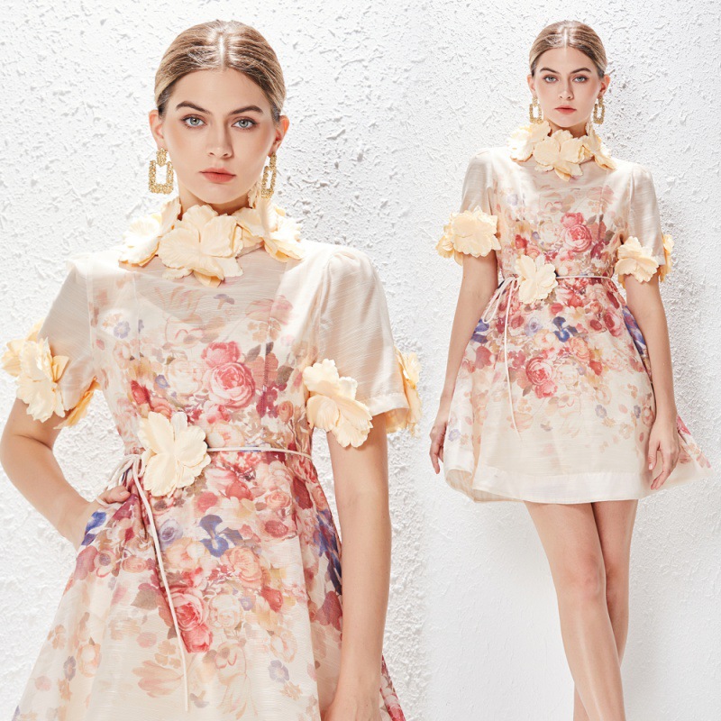 Retro Three-dimensional Flower Lace-up A- Line Positioning Printed Short Skirt Dress
