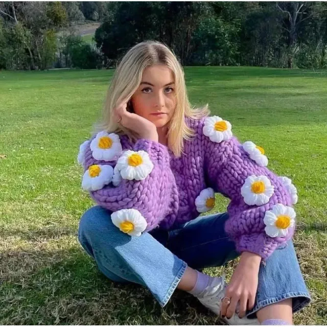 Handmade Three dimensional Flower Lantern Sleeve Loose Sweater Coat Purple - Shop at LoveMi