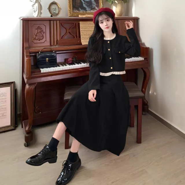 Small Chanel style Corduroy Skirt Two piece Set For Women Black - Shop at LoveMi