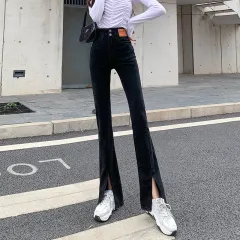 High Waist Straight All-matching Stretch Split Skinny Jeans - Black - View 1