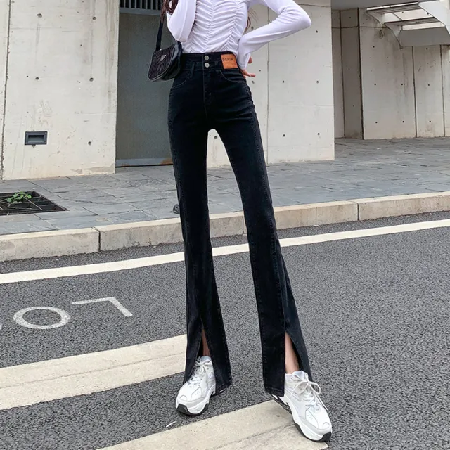 High Waist Straight All matching Stretch Split Skinny Jeans Black - Shop at LoveMi