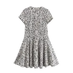 European And American Fashion Printed Round Neck Loose Leisure Short Dress - Black And White Dots - View 1