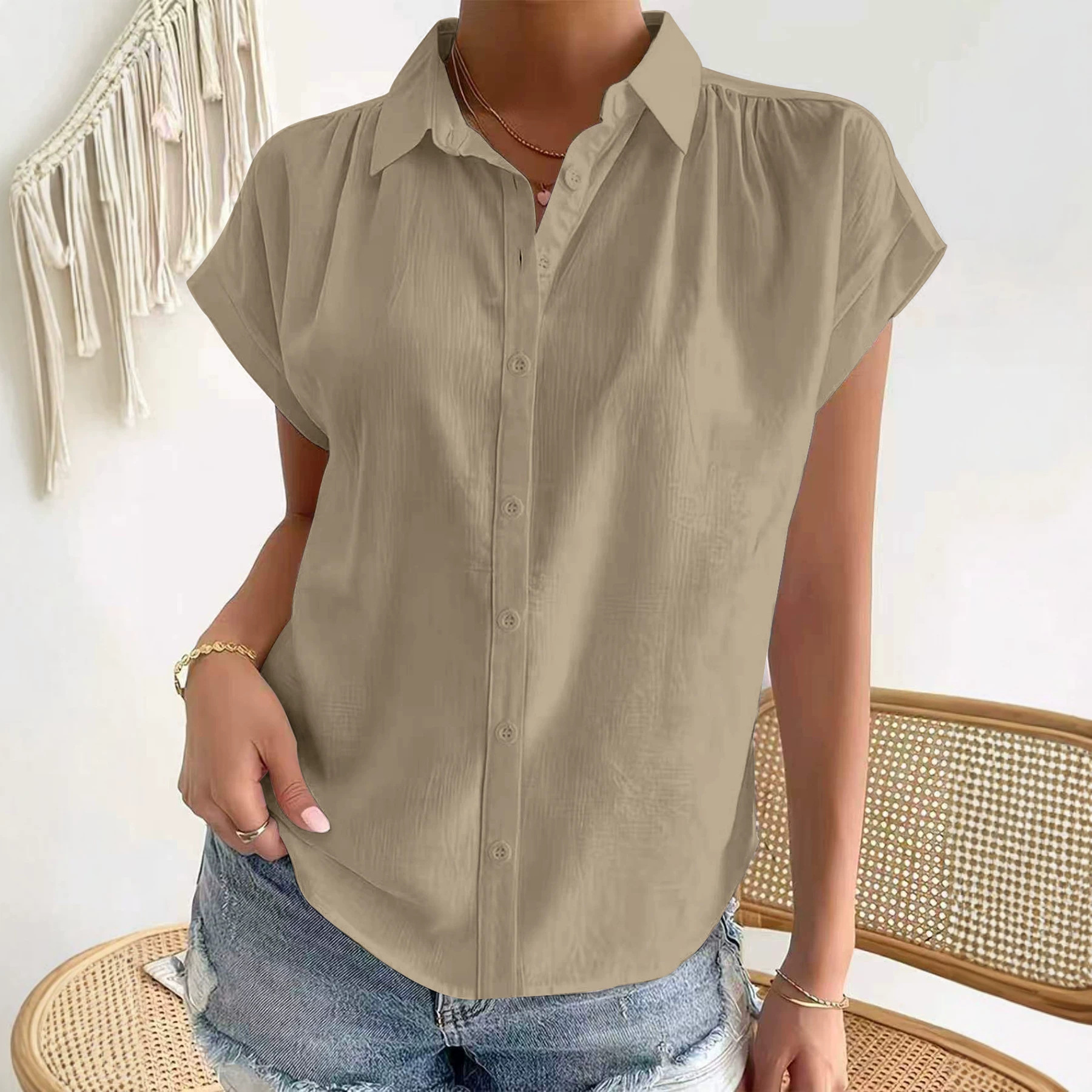 New Womens Casual Loose-fit Solid-color Lapel Short-sleeve Button-down Shirt