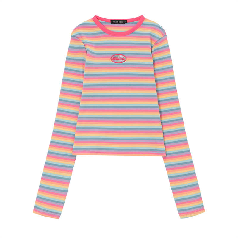 Laser Embroidered Patch New Slim fit Fashionable Color Striped Bottoming Shirt Pink - Shop at LoveMi