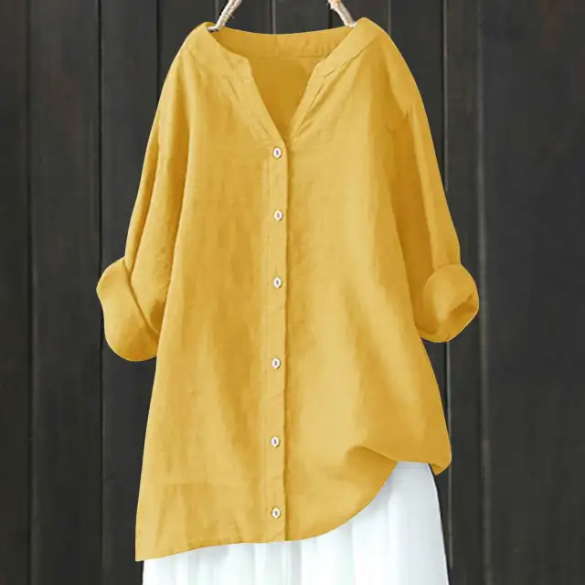 Women's Cotton And Linen Long Sleeve Button Shirt Yellow - Shop at LoveMi