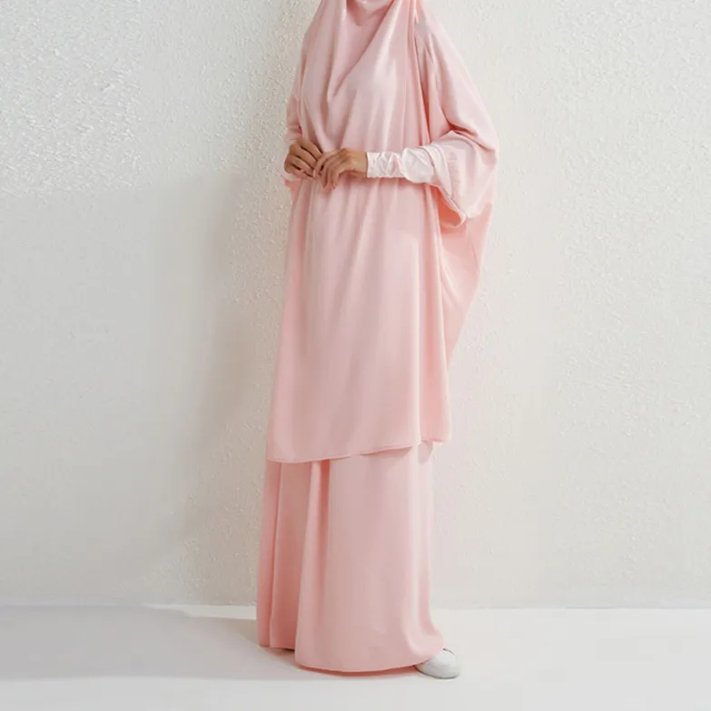 Muslim Fashion Plus Size Two-piece Suit Arabic Djellaba Solid Color - Pink
