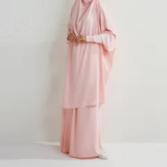 Muslim Fashion Plus Size Two-piece Suit Arabic Djellaba Solid Color - Pink - View 1