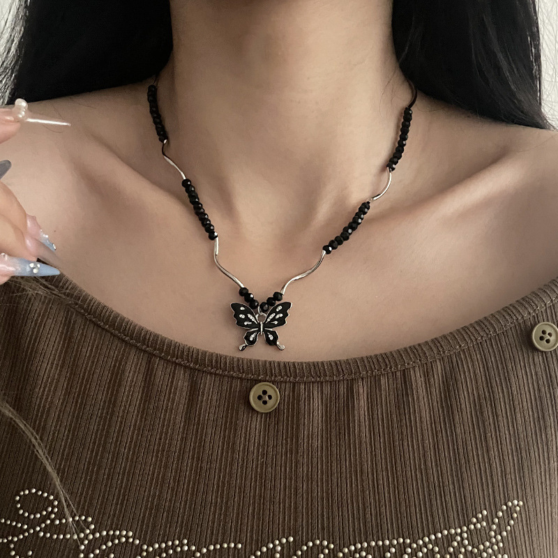 Black Beaded Butterfly Necklace