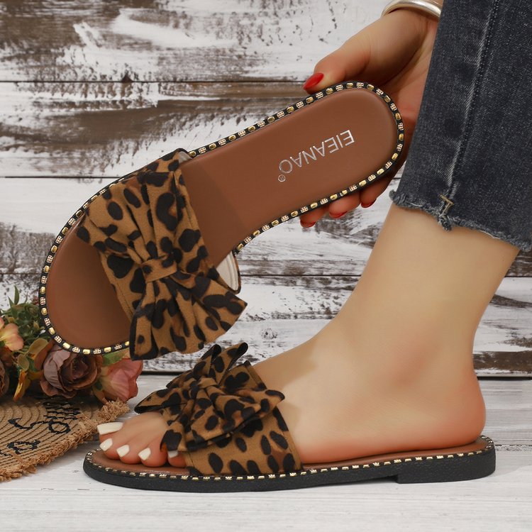 Foreign Trade Flat-Soled Rhinestone Bow Slide Sandals
