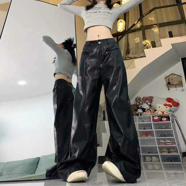 Straight Slim PU Leather Baggy Pants Black - Shop at LoveMi