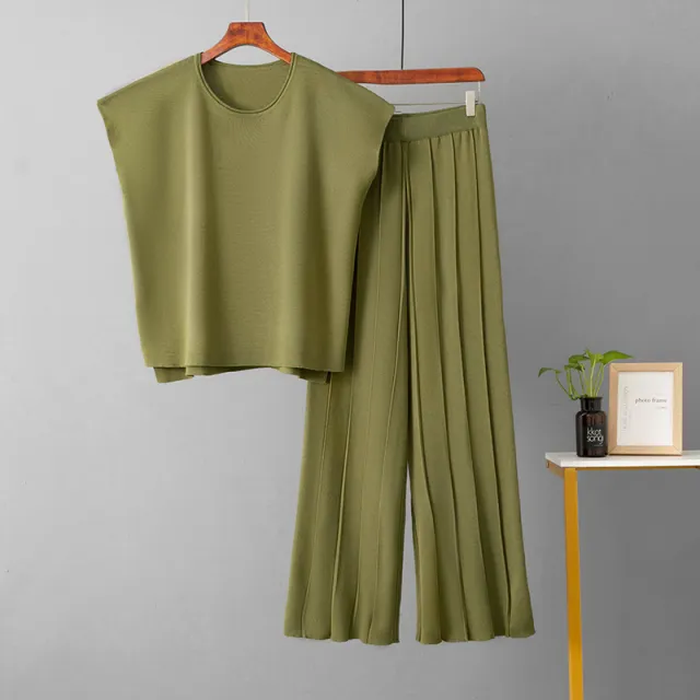 Sleeveless Vest Knit Wide leg Pants Plus size Ice Silk Set Olive Green - Shop at LoveMi