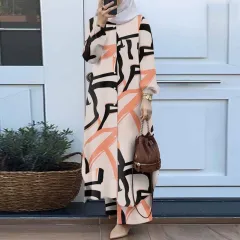 Muslim Suit Two-piece Spring And Autumn Clothing Retro Long Shirt Wide Leg Pants Suit - Apricot - View 1