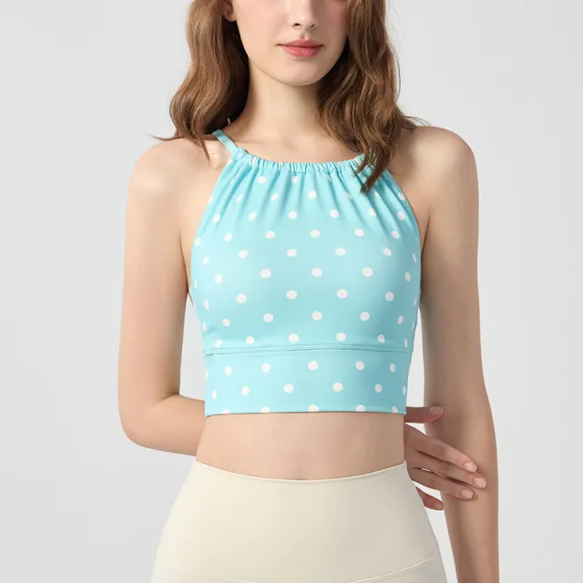 Womens Polka Dot Plaid Printed Halterneck Tank Top With Cross Over Design Green - Shop at LoveMi