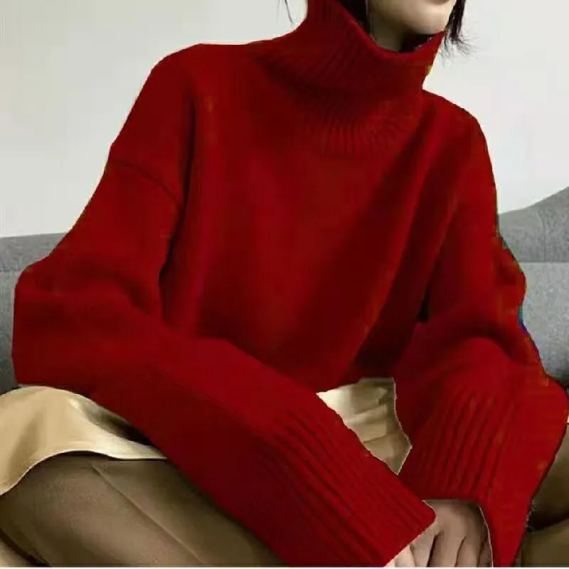 Women's Turtleneck Sweater Pullover Loose Base - Red