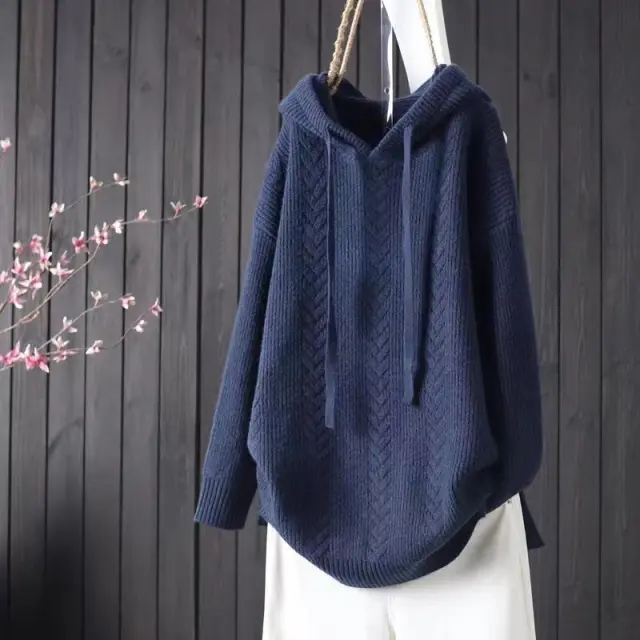 Solid Color Hooded Lacing Mid length Knitwear Sweater Navy Blue - Shop at LoveMi