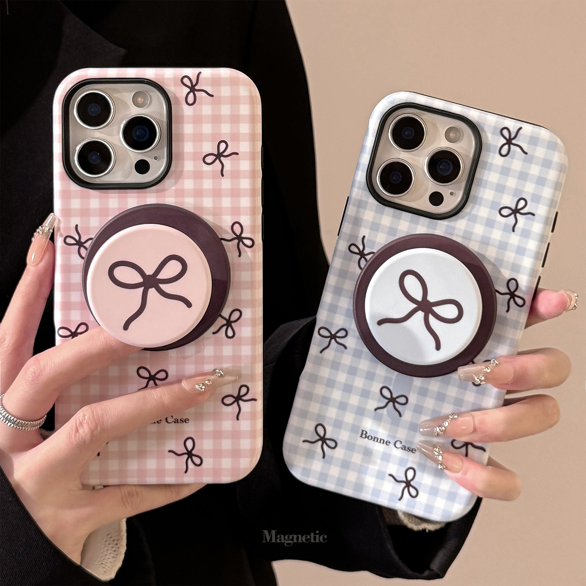Plaid Bowknot Magnetic Stand Phone Case