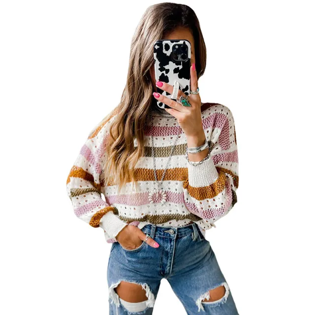 Leisure Personality Stitching Striped Round Neck Sweater Color L - Shop at LoveMi
