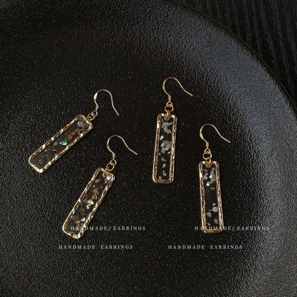 Broken Shell Rectangular Geometric Earrings Handmade Epoxy Face Slimming High Sense