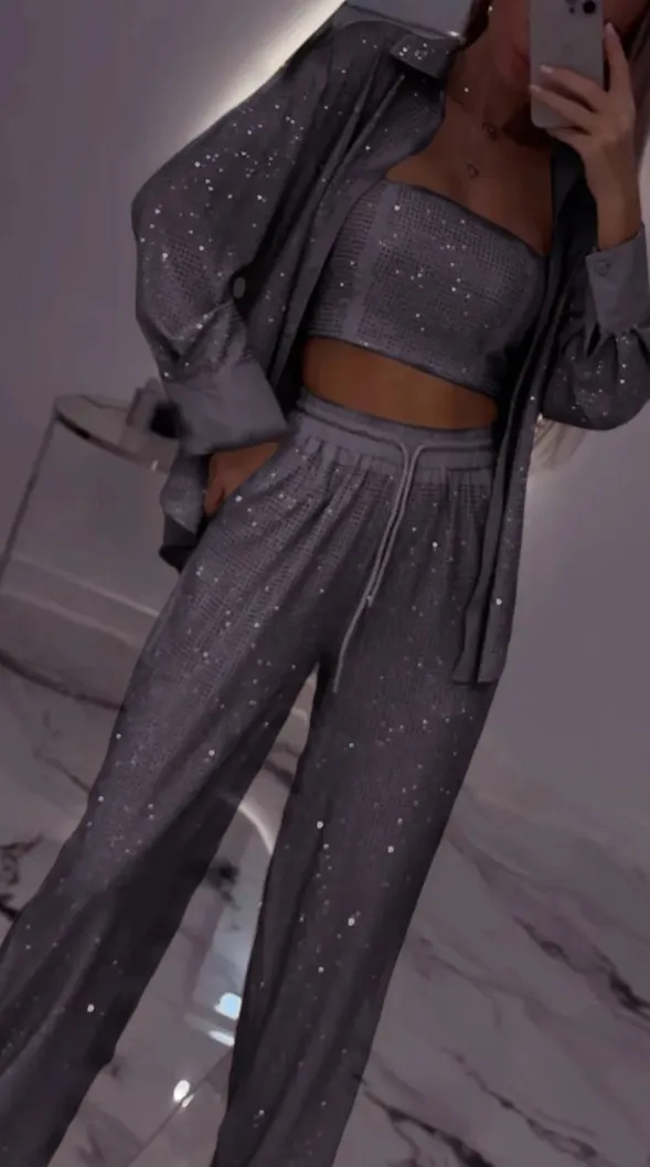 Loose Sequins Jacket Tube Top Three piece Suit Gray - Shop at LoveMi