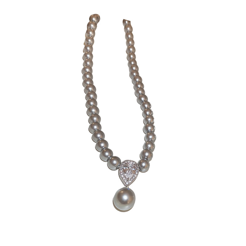 Pearl Zircon Pendant Water Drop Necklace Sweater Chain Jewelry