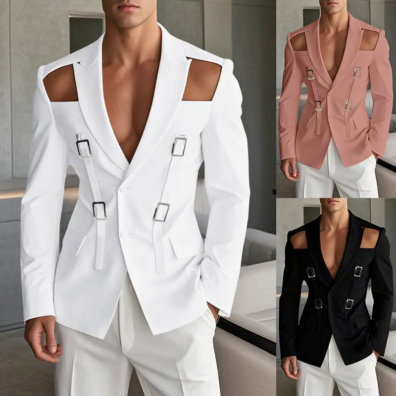 Hollow Metal Button Performance Suit Solid Color