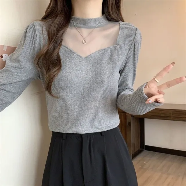 AutumnWinter Thin Mesh Knitted Solid color Women's Top With Tummy Contouring Design Gray - Shop at LoveMi