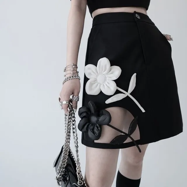 New Design Sense Stitching Flower A Line Skirt Skirt Black Rice White Flowers - Shop at LoveMi