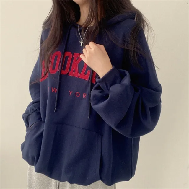 Letter Printed Hoodie Female American Style Navy - Shop at LoveMi