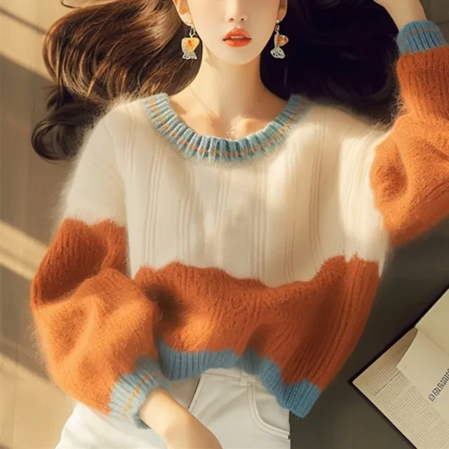 Autumn And Winter New Soft Glutinous Orange Round Neck Stitching Sweater Orange - Shop at LoveMi