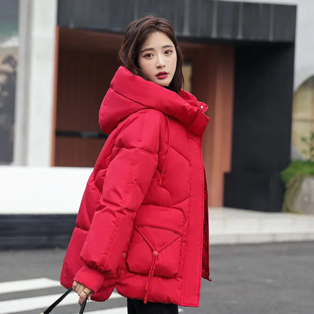 Down Cotton padded Jacket Loose Hooded Loose All matching Thick Warm Coat Red - Shop at LoveMi