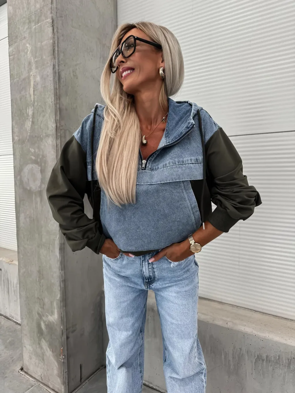 Fashion Loose Casual Washing Denim Stitching Hooded Women's Sweater - Green