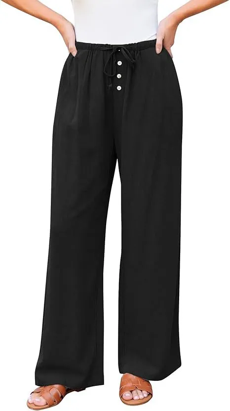 High Waist Button Drawstring Loose Casual Summer Wide leg Pants With Pockets Black - Shop at LoveMi